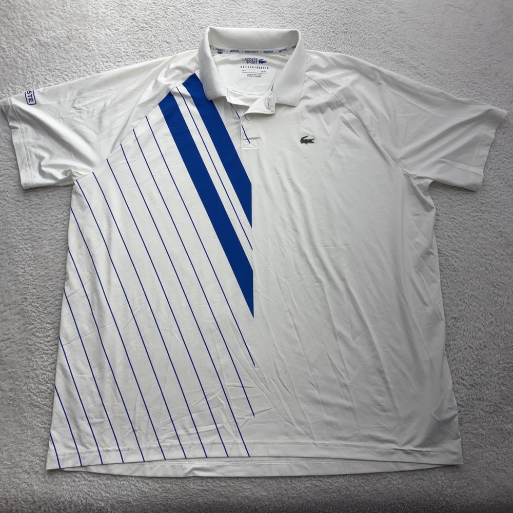 Lacoste Sport Novak Djokovic Men 4XL White Blue Striped Tennis Polo Shirt DH3382